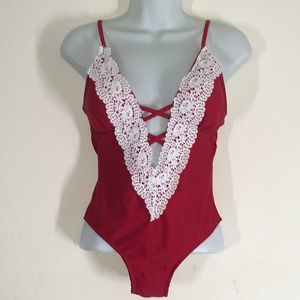 Reuter Red Once Piece Crochet Deep V NeckC